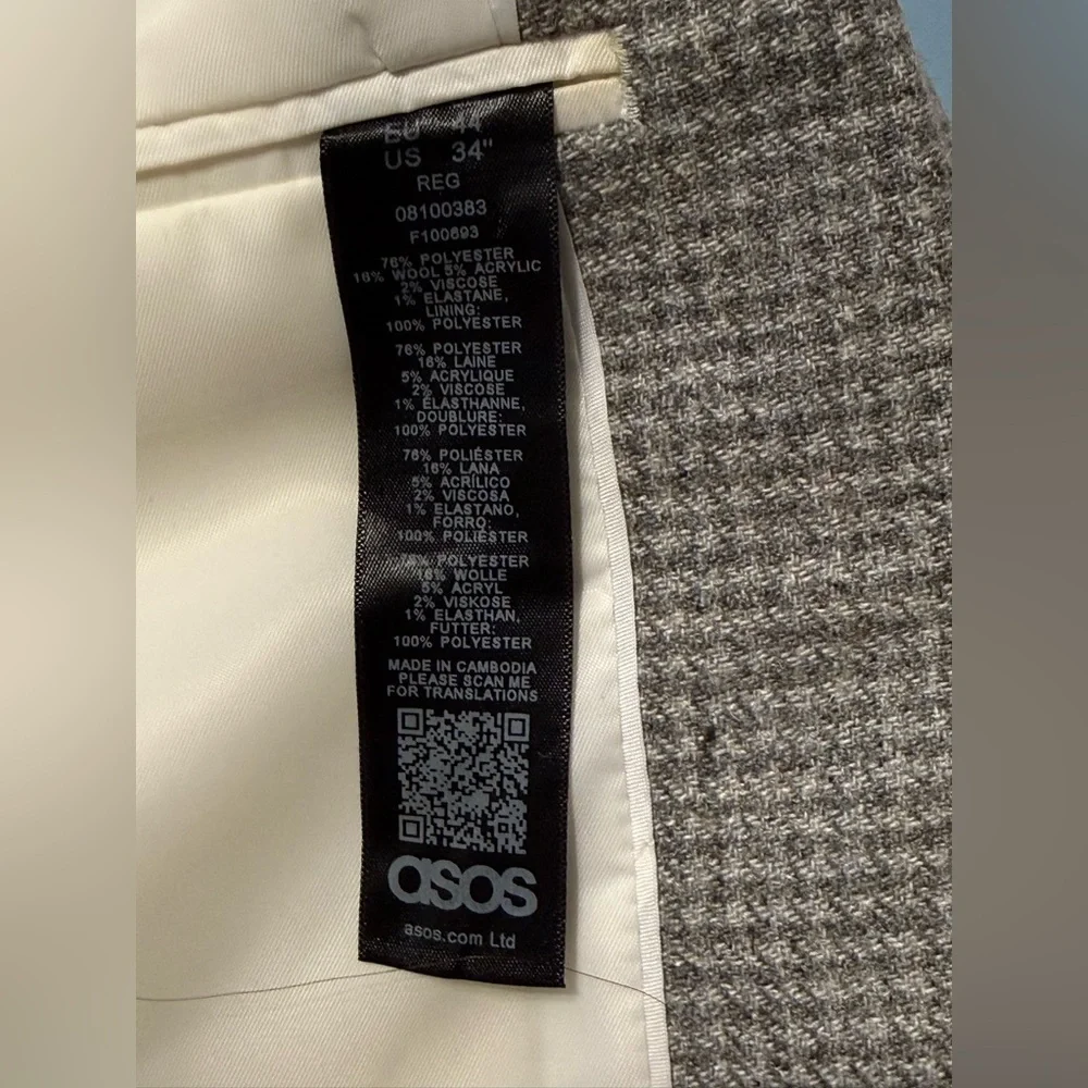 ASOS Men’s Regular Fit Wool Blend Suit Jacket 34” Chest Charcoal